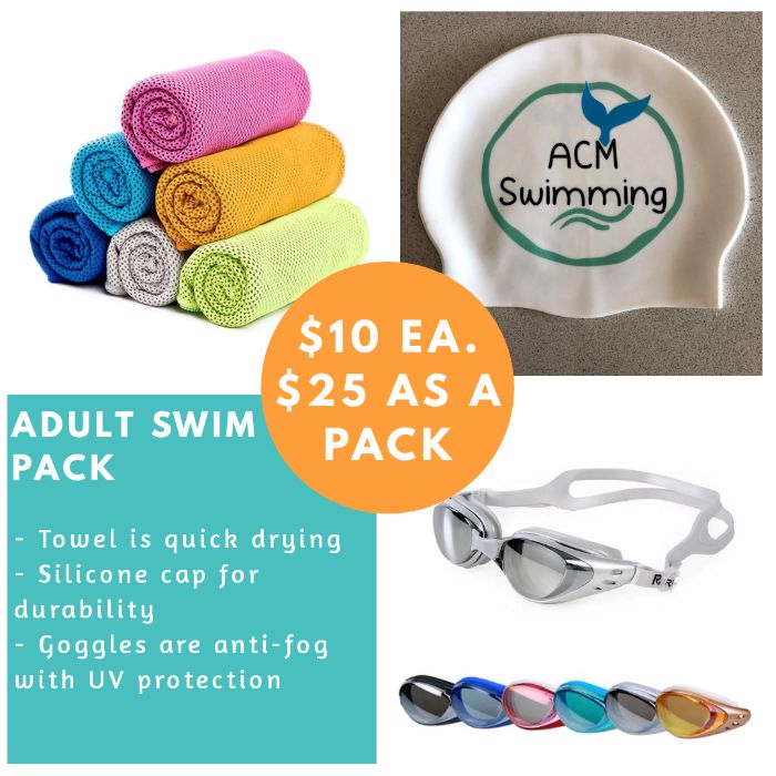 Adult swim pack with towel, ACM cap and goggles
